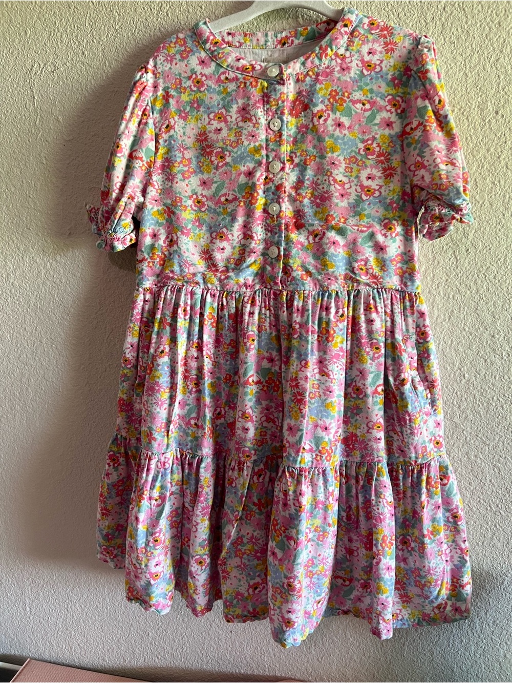 Girls' Floral Pink Tiered Button-Front Dress